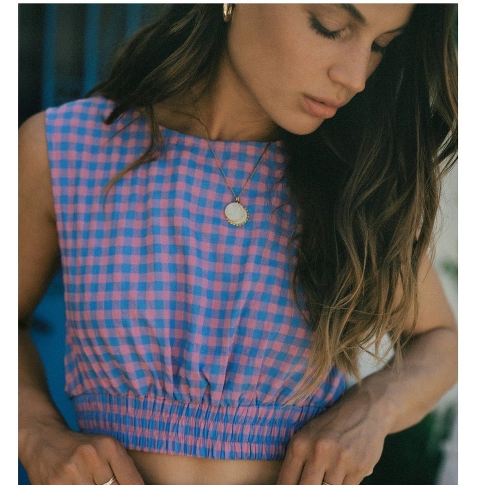 Charlie Holiday Elena Gingham Crop Top Women Est Sz XS Pink Blue Sleeveless - Picture 1 of 14